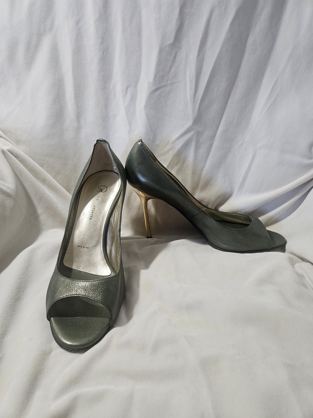 St. John Metallic Forest Green Open-Toe Pumps with Gold Stiletto